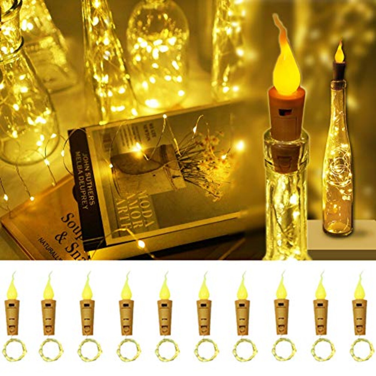 10 Pck Wine Bottle Lights with Candle Flame, 10 Pack 20 LED Flameless Cork String Light Battery Operated Copper Wire Mini Fairy Starry Lights for Party Wedding Christmas Halloween
